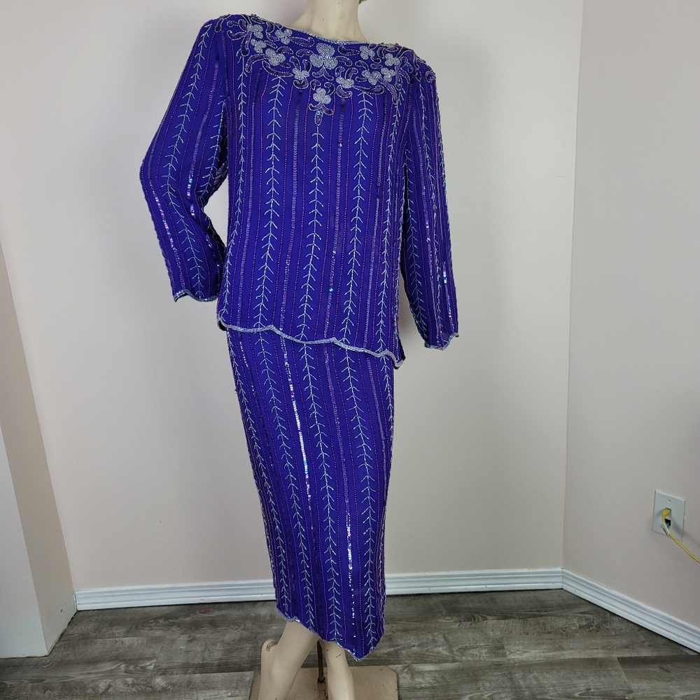 Vintage 2 piece beaded skirt and top set purple